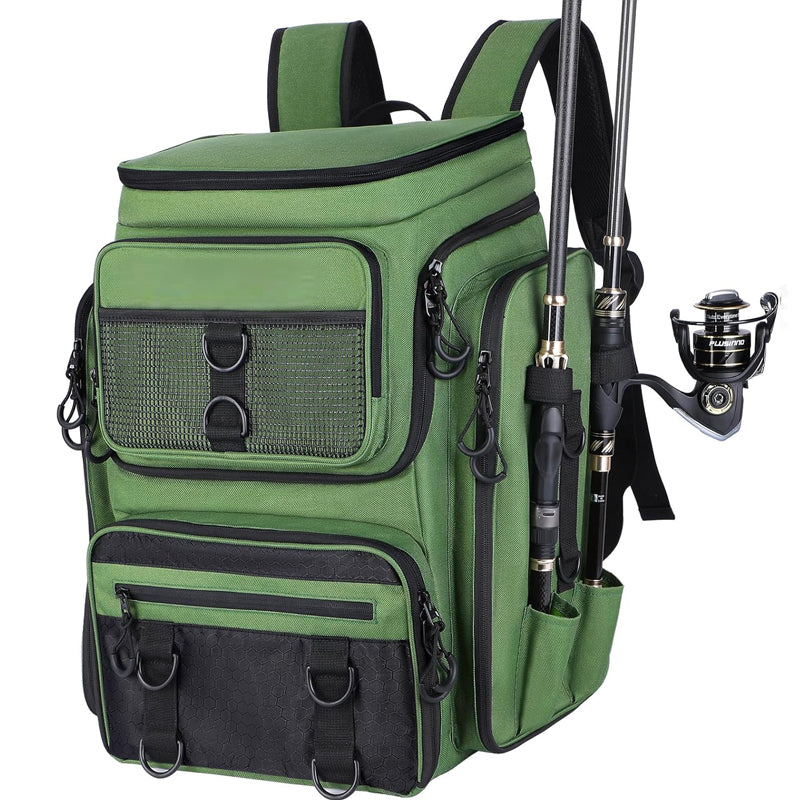 Fishing Backpack with Rod Holder, Tackle Organizer Box & Hiking Storage